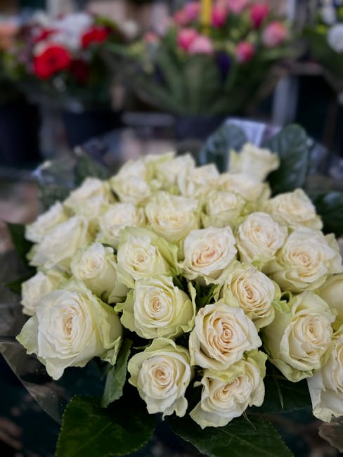 A bouquet of fresh, cream-colored roses with slightly ruffled petals, arranged tightly together with green foliage, placed on a reflective surface. The roses are in full bloom, exhibiting soft, velvet