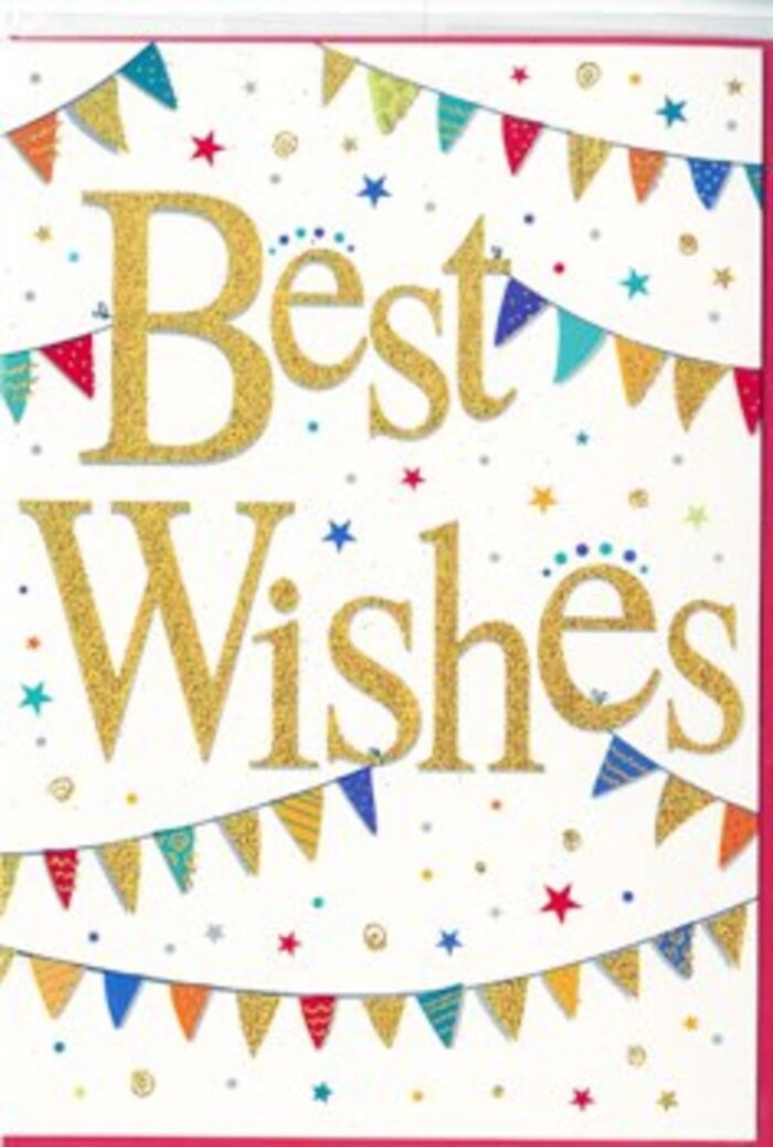 This congratulations card is like a gentle fanfare on paper, perfect for marking happy news in Ascot with style and warmth. Dominating the centre, the phrase Best Wishes is written in generous golden lettering, the strokes smooth and flowing, with a soft glittering finish that seems to catch even the slightest hint of light. The gold stands out crisply against the bright white background, evoking the refined atmosphere of celebratory gatherings near Ascot Racecourse, where elegance and excitement sit side by side. Curving across the top and near the bottom of the card are rows of bunting, their lines arching gracefully so that the tiny flags cradle the message. Each flag is a small burst of colour-vivid reds, royal blues, fresh greens, sunshine yellows, and rich purples-many of them detailed with stripes, dots, or geometric patterns that suggest the playful variety of decorations you might see at a garden party in South Ascot or a school fête in the local community. Between the bunting, small stars and round confetti-like dots in matching colours are scattered across the white space. They appear almost weightless, as if suspended mid-air at the exact moment you shout congratulations. The design is lively but never chaotic; there's ample white space, giving the card a clean, contemporary feel that pairs beautifully with a bright bouquet from a trusted local florist. You can imagine this card arriving alongside fresh flowers as same-day delivery across Ascot, Sunninghill, or Cheapside, lending a sincere and joyful note to milestones such as graduations, house moves, or new jobs. Overall, the card radiates positivity and thoughtful good cheer, like a quiet yet unmistakable round of applause.