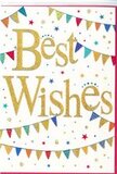 This Best Wishes card looks like a joyful banner unfurled for a celebration somewhere between Ascot High Street and the racecourse. The central focus is the greeting itself, written in luxurious gold script that glows warmly against a pristine white background. The lettering has a subtle shimmer and appears slightly raised, as if it would feel smooth and lightly textured under your fingertips, much like the polished finish of an elegant invitation. Embracing this golden message are graceful sweeps of bunting, running in arcs across the upper and lower portions of the card. Each tiny triangular flag is rendered in cheerful, saturated colours-bold blue, cherry red, grassy green, lemon yellow, and soft pink-with playful patterns such as stripes, spots, and mosaic-like prints that call to mind the festive touches you might add to a garden celebration in North Ascot. Scattered throughout the design are petite stars and round dots in coordinating hues, floating like confetti caught in a gentle breeze. These details add movement and liveliness without cluttering the scene, so the overall effect stays clean and sophisticated. The balance of crisp white space, sparkling gold, and bright colour gives the card a modern yet timeless look, ideal for nestling amongst fresh flowers delivered across Ascot and the surrounding villages. You can picture it accompanying a bouquet for exam success, a new business opening near Sunningdale, or any special milestone. The atmosphere is clearly festive but also heartfelt, carrying a sense of genuine support and encouragement that lingers well after the moment of unwrapping.